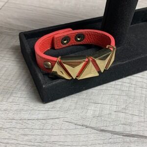 BCBGeneration Coral Red Pebbled Leather Gold Pyramid Stud Wrap Cuff Bracelet